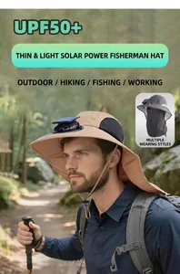 Lightweight solar powered fan hat with neck flap for outdoor fishing sun protection.