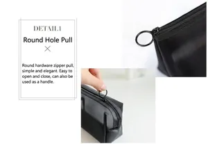 Detailed macro view of black mesh makeup bag featuring a circular metal zipper pull handle.