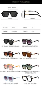 Detailed size parameters and color options for double-bridge fashion sunglasses