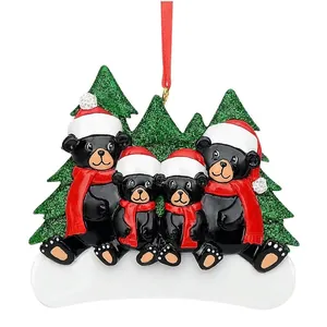 Personalizable Christmas ornament with four black bears and glittery trees.