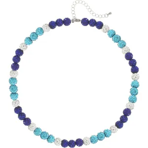 Blue and white 10mm rhinestone ball baseball necklace with adjustable silver chain