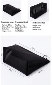 Size chart for black mesh makeup bag in trapezoid and square shapes.