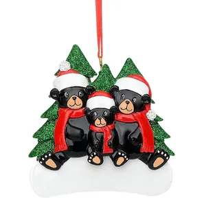 Customizable black bear family Christmas tree ornament with festive glitter finish