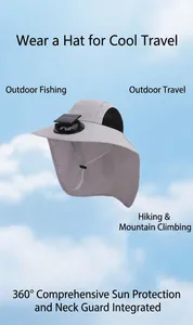 Close-up detail of gray outdoor sun hat featuring integrated solar fan and neck flap