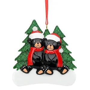 Acrylic Flat Black Bear Christmas Tree Hanging Ornament Cartoon Family Bear Pendant For Home Garden Car Xmas Decor