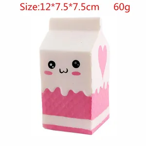 Close-up view of cute milk carton squishy toy showing size and weight specifications