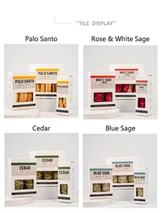 Overview of four types of natural incense sticks: White Sage, Rose, Cedar and Palo Santo.