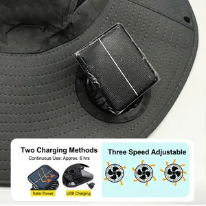 Solar fan fishing hat details showing dual charging and three-speed fan modes.