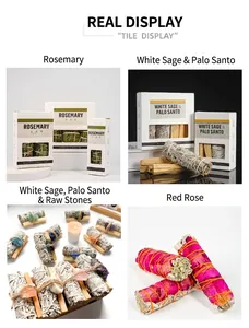 Detailed view of various natural smudge sticks including white sage and rose petals