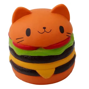 Cute orange cat hamburger squishy toy featuring slow rising foam for stress relief