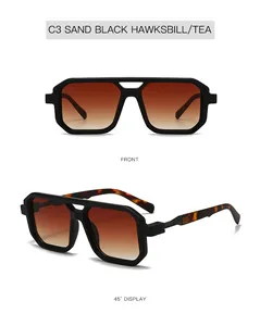 Details of double-bridge sunglasses with tortoiseshell temples and tea gradient lenses