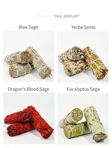 Detail display of natural dried herb smudge sticks including Sage, Yerba Santa, and Eucalyptus