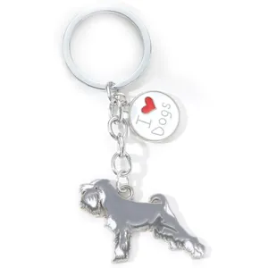 Detailed view of silver zinc alloy Schnauzer dog keychain with I Love Dogs charm