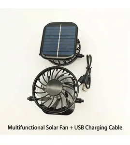 Macro detail of solar fan unit and USB charging cable for outdoor sun hats.