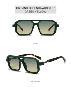 Detailed views of dark green double-bridge sunglasses with tortoiseshell temples.