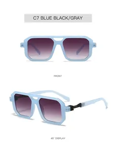 Front and side views of light blue geometric sunglasses with purple gradient lenses