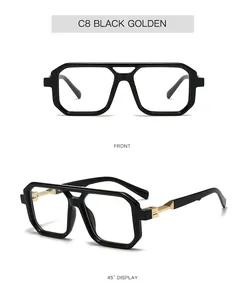 Front and 45-degree angle display of black and gold double-bridge glasses