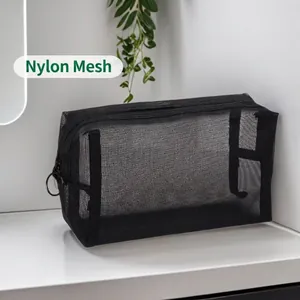 Large portable black mesh cosmetic bag for travel toiletry storage with secure zipper