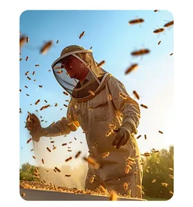 Professional beekeeper wearing protective mesh veil hat surrounded by swarm of honeybees