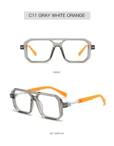 Front and side view of grey geometric double bridge glasses with orange temples model C11
