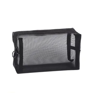 Large capacity black mesh cosmetic bag with stylized H logo and metal ring zipper pull