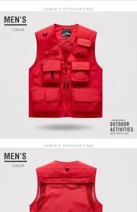 Close-up detail of a red outdoor multi-pocket vest, ideal for photography and workwear use