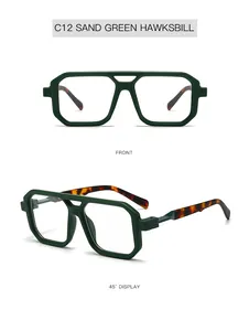 Detail view showing front and side angles of sand green glasses with hawksbill temples
