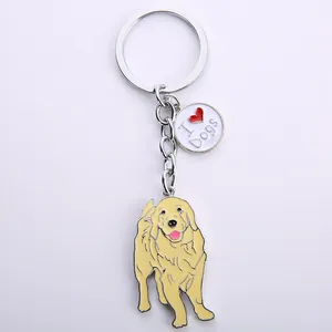 Detailed view of enamel Golden Retriever keychain with I Love Dogs charm