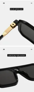 Detailed view of the secure metal hinge and comfortable nose support of these fashion sunglasses.