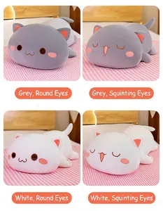 Comparison of four Peach Cat plush pillows in grey and white colors with various expressions