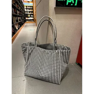 Large black and white checkered gingham tote bag for women in minimalist style and casual look