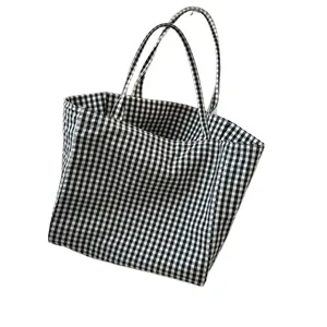 Minimalist black and white gingham pattern large capacity tote bag for daily commuting