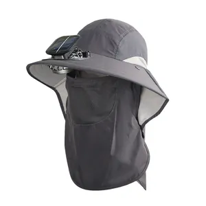 Outdoor solar powered cooling fan hat with face and neck cover for sun protection