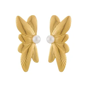 Elegant gold-tone stainless steel earrings featuring wing-shaped petals and center pearls