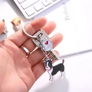 Boston Terrier enamel keychain with 'I Love Dogs' tag and metal key detail.