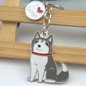 Porte-clés chien Husky en alliage de zinc avec breloque 'I Love Dogs' argentée
