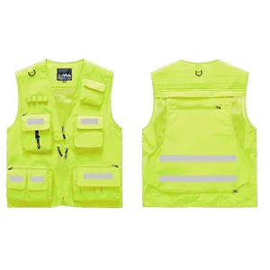 Neon yellow high-visibility reflective safety vest with multi-pockets and mesh lining