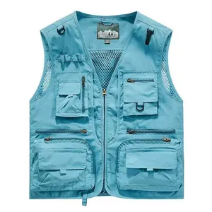 Functional light blue multi-pocket utility vest with mesh lining for outdoor work