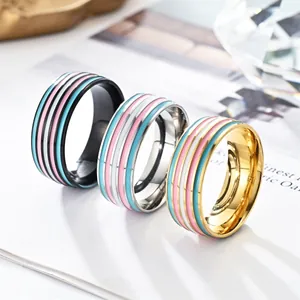 Stainless Steel Striped Band Ring With Enamel Transgender Rainbow Pride Flag Pattern Personalized Unisex Fashion Jewelry Ring