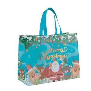 Cyan thickened Christmas non-woven tote bag with Santa Claus and reindeer prints
