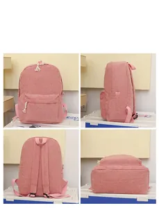 Close-up multi-angle views of pink corduroy fabric and backpack structural details