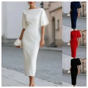 Elegant 2024 boat neck slim fit midi dress with batwing sleeves shown in four colors