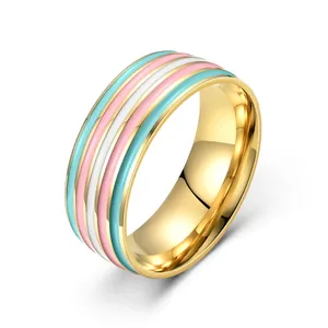 Fashionable stainless steel ring with blue, pink and white enamel stripes for men and women