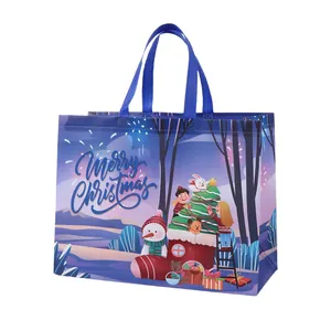 Thick non-woven Christmas gift bag with festive cartoon characters and winter forest scene