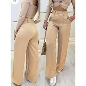 Detailed view of stylish high-waisted camel wide-leg trousers with elegant front buttons.