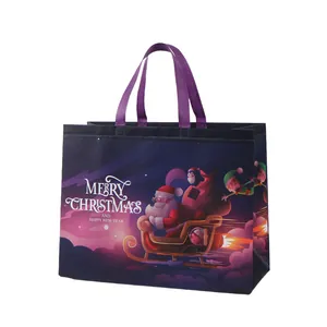 Large reusable non-woven Christmas shopping bag featuring a colorful cartoon Santa Claus print.