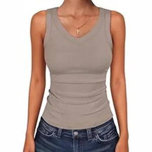 Close-up detail of a women's khaki V-neck ribbed tank top featuring a slim fit cotton design