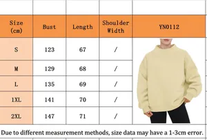Detailed size chart for women's oversized mock neck sweatshirt with measurements in cm