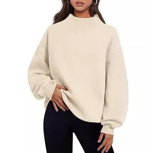 Oversized women's half-high neck fleece sweatshirt in cream beige for autumn winter