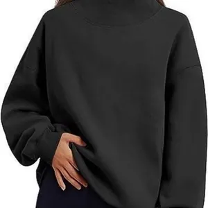 Women's oversized black mock neck fleece sweatshirt for autumn and winter casual wear